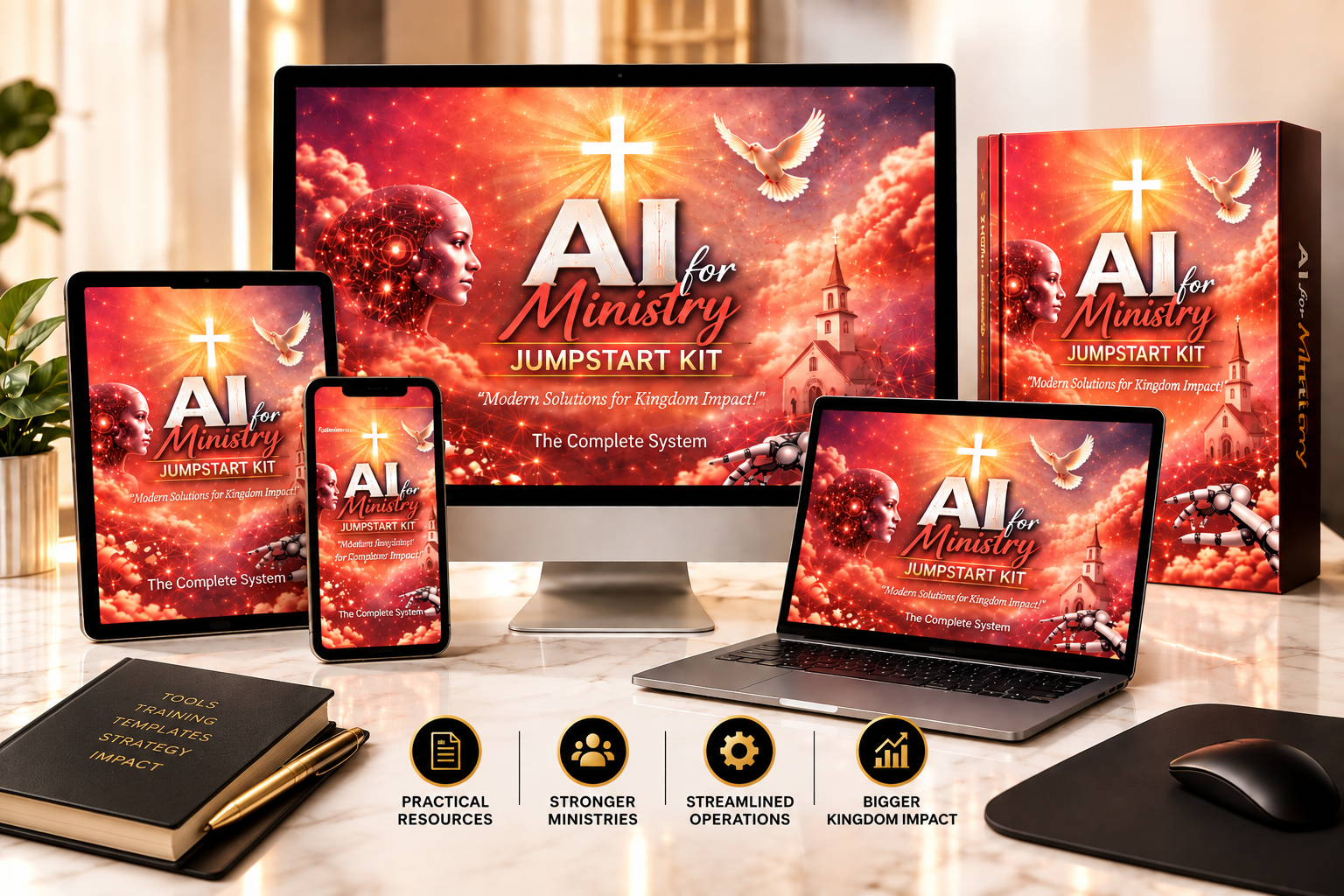 AI for Ministry Jumpstart Kit displayed across desktop, laptop, tablet, phone, and boxed resources