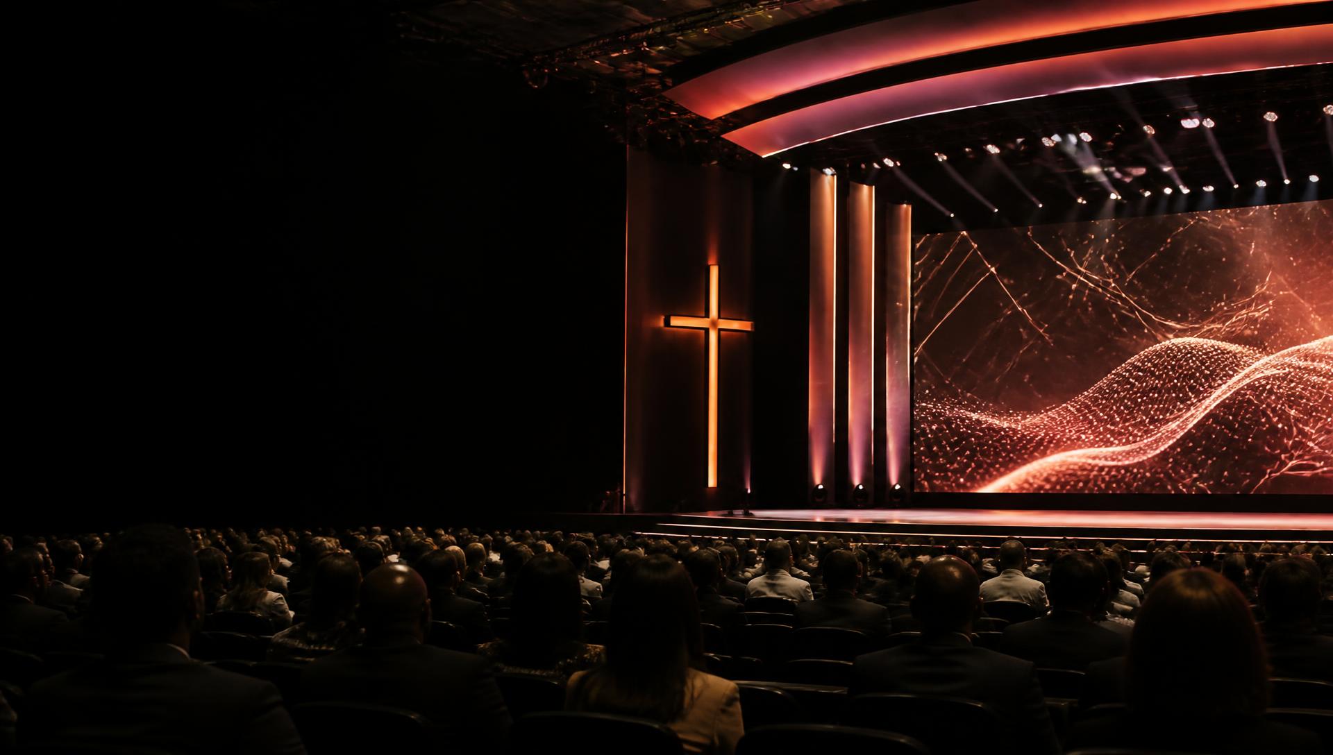 Audience gathered before a modern ministry and technology conference stage